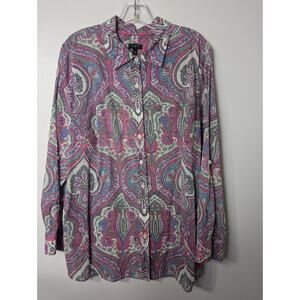 Talbots Size 1X Floral Paisley Print Button Up Shirt Long Roll Tab Sleeve